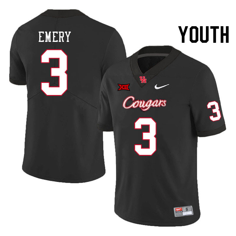 Youth #3 Jalen Emery Houston Cougars Big 12 XII College Football Jerseys Stitched-Black - Click Image to Close